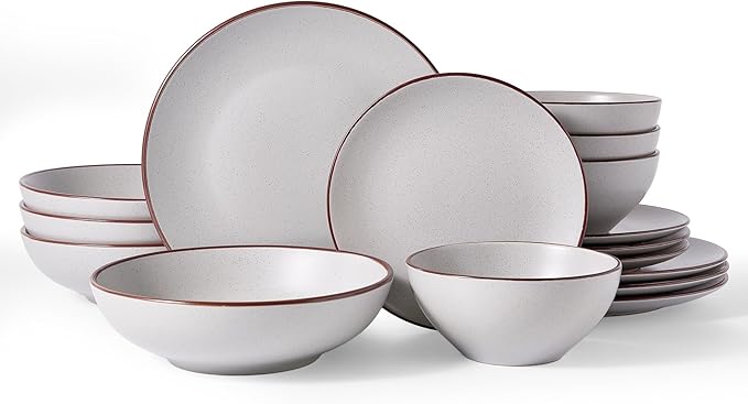 Famiware Venus Speckled Dinnerware Set with Pasta Bowls for 4 (16 Pieces), Stoneware Plates and Double Bowls, Matte Light Gray - Microwave & Dishwasher Safe Dishes with Trim for Everyday & Formal Use