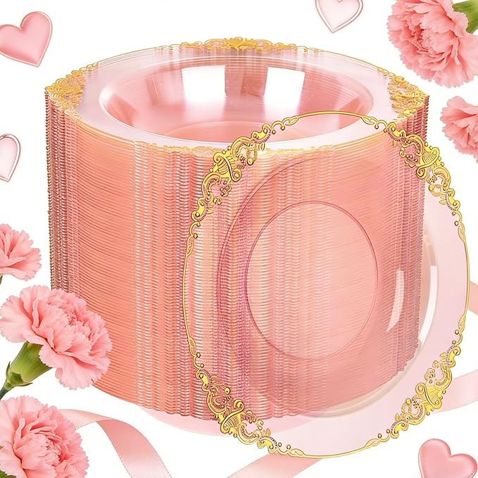 100PCS Clear Pink Plastic Bowls - 12 oz Pink Gold Disposable Salad Bowls - Heavy Duty Disposable Soup Bowl - Fancy Plastic Ice Cream Bowl for Weddings Parties Dinners Picnics Mother’s Day