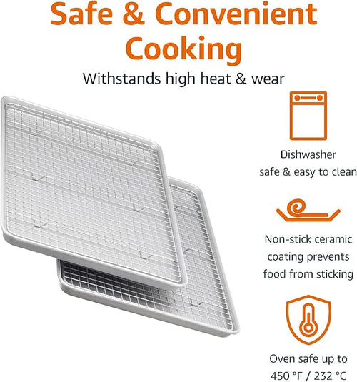 Amazon Basics Ceramic Nonstick Baking Sheets & Cooling Rack Set, Dishwasher Safe, Oven Safe, Half Sheet Size, Gray, 2-Pack