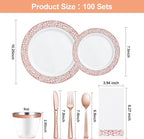 Bestluck 700PCS Rose Gold Plastic Dinnerware Set for 100 Guests, Disposable Plates for Party, Wedding, Include 100 Rose Dinner Plates, 100 Dessert Plates, 100 Set Silverware, 100 Cups, 100 Napkins