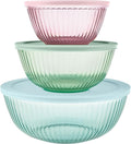 Pyrex Colors (3-Pack, Full Set) Sculpted Tinted Glass Mixing Bowls With Plastic Lids, Nesting Space Saving Set of Bowls For Prepping and Baking, 1.3QT, 2.3QT & 4.5Q, (Pink, Green, Aqua)