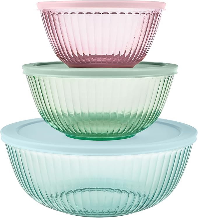 Pyrex Colors (3-Pack, Full Set) Sculpted Tinted Glass Mixing Bowls With Plastic Lids, Nesting Space Saving Set of Bowls For Prepping and Baking, 1.3QT, 2.3QT & 4.5Q, (Pink, Green, Aqua)