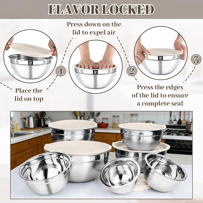 Mixing Bowls with Lids Set - 7PCS Nesting Mixing Bowls, Airtight Lids, Stainless Steel Mixing Bowls for Mixing, Baking & Meal Prep, Dishwasher Safe, Size 0.7/1.1/1.5/2.1/3.5/4/4.5 QT, Khaki