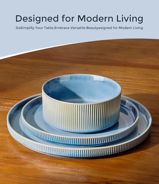 GBHOME 12-Piece Stoneware Dinnerware Set for 4 – Ribbed Ceramic Plates and Bowls, Scratch-Resistant, Microwave & Dishwasher Safe, Reactive Glaze, Alaskan Blue
