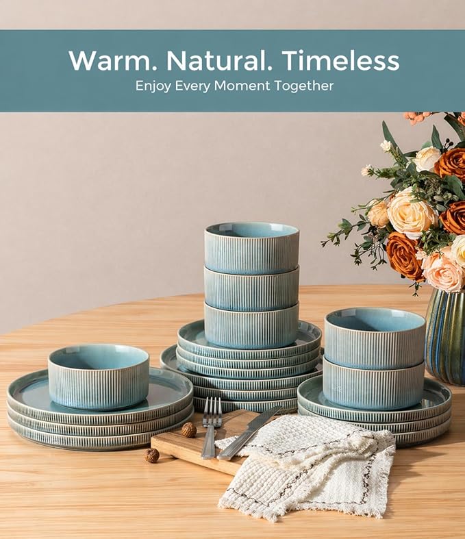 GBHOME 12-Piece Stoneware Dinnerware Set for 4 – Ribbed Ceramic Plates and Bowls, Scratch-Resistant, Microwave & Dishwasher Safe, Reactive Glaze, Malachite Green