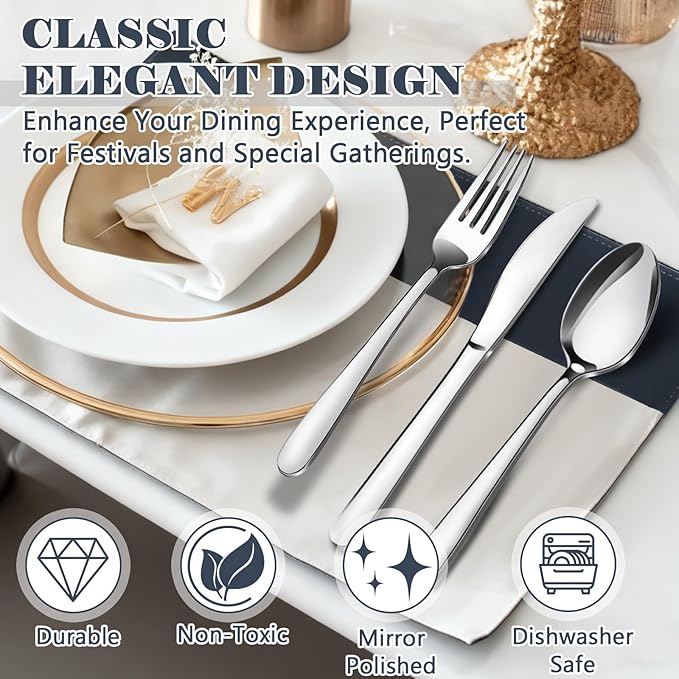 BEWOS 49-Piece Silverware Set with Organizer - Stainless Steel Silverware Set for 8 with Drawer Organizer, Dishwasher Safe Flatware Set for Home and Restaurant, Mirror Polished