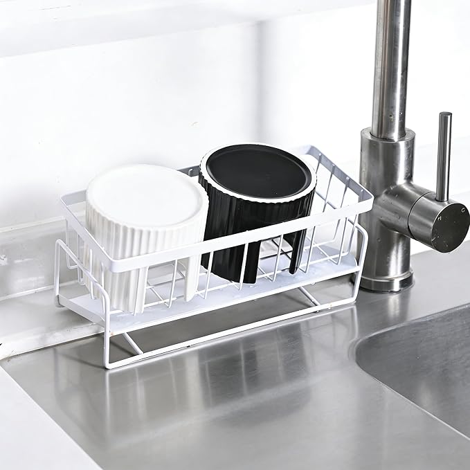Ceramic Sponge Holder for Kitchen Sink - Dishwasher Safe Porcelain Dish Sponge Caddy Minimalist Vertical Stripes, Scrub Daddy Holder for Countertop, Bathroom, Kitchen Sink Organizer, Black