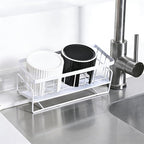 Ceramic Sponge Holder for Kitchen Sink - Dishwasher Safe Porcelain Dish Sponge Caddy Minimalist Vertical Stripes, Scrub Daddy Drying Rack for Countertop, Bathroom, Kitchen Sink Organizer, White