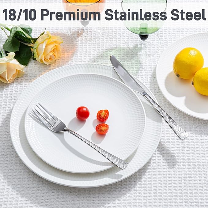 KINGSTONE Hammered Silverware Set, 60-Piece Flatware Set, 18/10 Stainless Steel Premium Cutlery with Unique Ripple Handles Design Mirror Polished - Dishwasher Safe