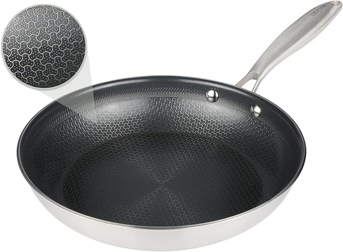 12" Hybrid Nonstick Frying Pan, Large Stainless Steel Ceramic Nonstick Skillet, Non Stick Pan for Family Meals & Steak, Stay-Cool Handle, Induction Compatible, Oven Safe