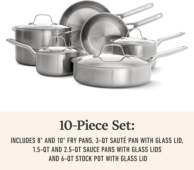 Calphalon Brushed 3-Ply Stainless Steel Cookware Set w/Turbo Heat Tech 10 Piece Includes Frying Pans, Pots and Pans Set, Induction, Oven Safe 450F, Brushed Stainless Silver