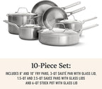 Calphalon Brushed 3-Ply Stainless Steel Cookware Set w/Turbo Heat Tech 10 Piece Includes Frying Pans, Pots and Pans Set, Induction, Oven Safe 450F, Brushed Stainless Silver