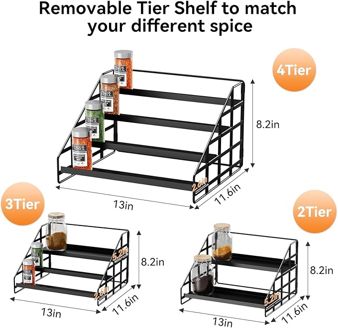 Spice Rack 4 Tier Kitchen Cabinet Organizer,Countertop Spice Rack,Tier Depth Adjustable Cabinet Shelf,Step Spice Organization Easy Visibility,Holds Seasoning and Condiments 2Pack