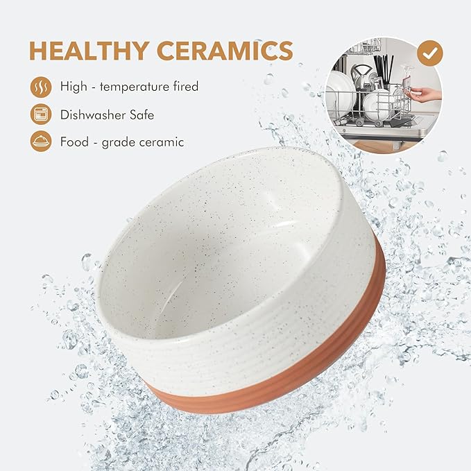 Havniva Ceramic 5.1inch Raised Double Bowls Set with Acacia Wood Stand, 2 Heights Elevated, Food & Water Bowls for Puppy, Kitty, Cats(13.5oz, Vanilla White)