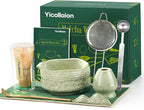 Matcha Whisk Set, 9 Pcs Matcha Set Kit for Ceremony Includes Ceramic Matcha Bowl, Holder, Bamboo Whisk & Scoop, Measuring Spoon, Scoop Rest, Sifter, Tea Towel, Handbook - Ideal Gift for Matcha Lovers