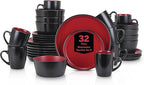 Stone Lain Albie Stoneware 32 Piece Modern Dinnerware Set, Plates and Bowls Sets, Service for 8, Red and Black, Microwave & Dishwasher Safe