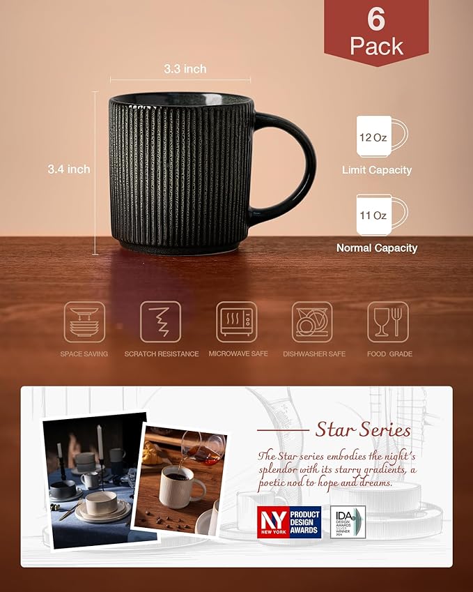 famiware Coffee Mug Set for 6, Star 12 oz Catering Mugs Cup Set with Handle for Coffee, Tea, Cocoa, Milk - Ceramic Stoneware Drinkware Set, Deep Forest