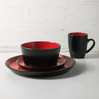 Stone Lain Albie Stoneware 32 Piece Modern Dinnerware Set, Plates and Bowls Sets, Service for 8, Red and Black, Microwave & Dishwasher Safe