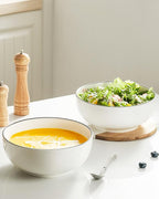 Dafuceramic Salad Bowls, 120 OZ(10") Large Serving Bowls Set of 2, Ceramic White Serving Bowls for Salad, Soup, Pasta and Dinner, Large Porcelain Bowl Set for Entertaining with Black on the Rim