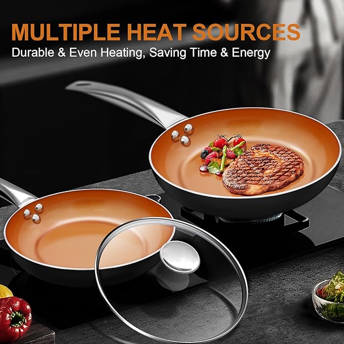 KOCH SYSTEME CS 8"+11" Copper Ceramic Frying Pan Set Nonstick, Oven Safe Cooper Cookware Set, Induction Frying Pan Sets with Lids, Aluminum Pan for Effortless Cooking, All Stoves Compatible