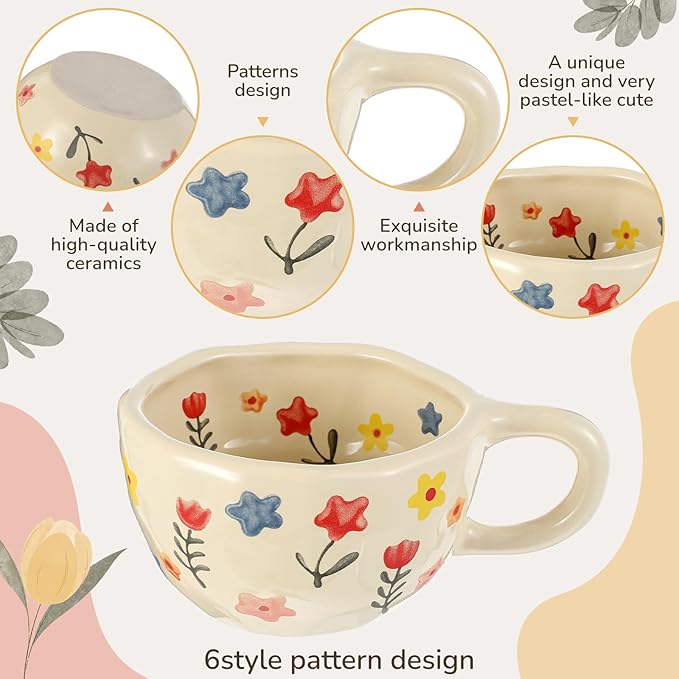 Maxdot 6 Pcs 12oz Ceramic Coffee Mugs Sets Glazing Process Cappuccino Mug Floral Ceramic Tea Cups Mother's Day Idea Gift for Women Mom Porcelain Cup for Coffee, Cocoa, Tea, Latte (Cute)