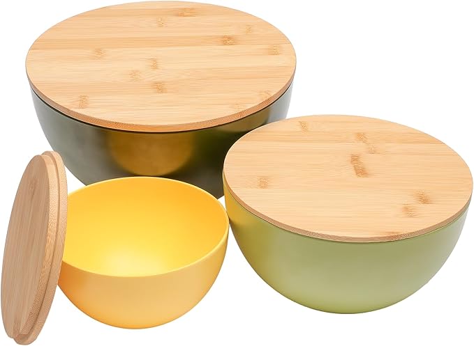 ECOWAY Salad Bowl Set of 3 with Bamboo Lids, Mixing Bowl Set, Nesting Bowls for Space Saving Storage, Made with Durable Eco-Friendly Bamboo Fiber, Great for Prepping and Serving Food (3 Colors)
