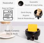 Ceramic Sponge Holder with Drainage, Modern Black Sink Caddy Organizer, Sponge Dish Rack for Soap, Brushes, Keeps Countertop Dry, Kitchen Sink Accessory