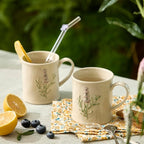 Artisanal Handcrafted Ceramic Mug with Sage Botanical Design - 10oz Off-White Stoneware Coffee Cup, Elegant Purple Sage Pattern, Dishwasher Safe, Comfort Grip Handle for Daily Use-2pack
