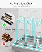 Dish Rack, Carbon Steel Small Dish Drying Rack Rustproof for Kitchen Counter, Compact Space-Saving Dish Drainer with Adjustable Slots for Small Kitchens & Apartments, 16.5×6.5×7inch, Grey