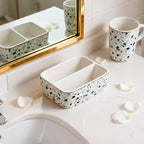 2 Compartments Ceramic Sponge Holder for Kitchen Sink, Cute Floral Countertop Dish Sponges Holder Soap Sink Organizer Farmhouse Caddy (Blue Terrazzo)