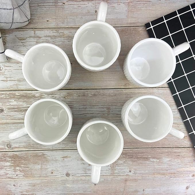 Schliersee 12 OZ White Ceramic Coffee Mugs Set of 6, Stylish Embossed Coffee Cups Set for Coffee, Tea, Milk, Cocoa, Cereal