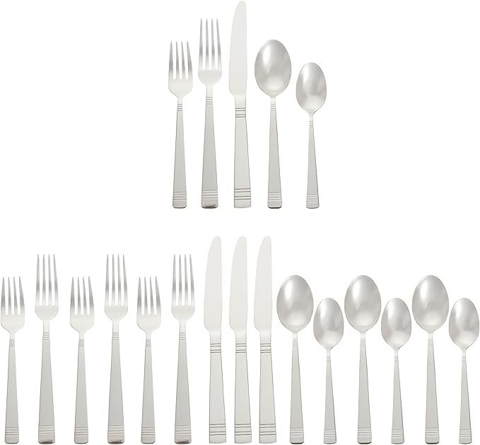 Amazon Basics Silverware, 20-Piece Stainless Steel Flatware Set, Dishwasher Safe, Service for 4, Bistro