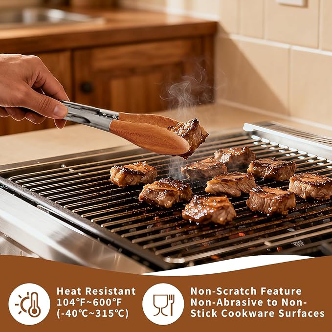 6-Pack 9" Wooden Tongs for Cooking – Locking Wooden Tongs with Non-Slip Handles & Hanging Hole, Wood Tip Serving Tongs for BBQ, Salad & Grilling (9 Inch (6 Pcs))