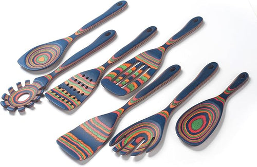 7 Pcs Wood Cooking Utensils Set, Wooden Kitchen Utensil Set for Cooking, Wooden Cooking Spoons & Spatulas, Safe for Non-Stick Cookware, Blue