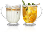 KEMORELA Ribbed Glass Coffee Mug Set, 16oz Clear Glass Mugs with Handle, Bar Accessories, Durable Drinkware for Hot Beverages, Set of 2 Coffee Mugs