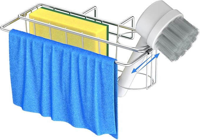 Sponge Holder for Double Kitchen Sink, 3-in-1 Sink Caddy, Brush, Dish Towel, Sponge Sink Organizer Liquid Drainer Rack - SUS304 Stainless Steel