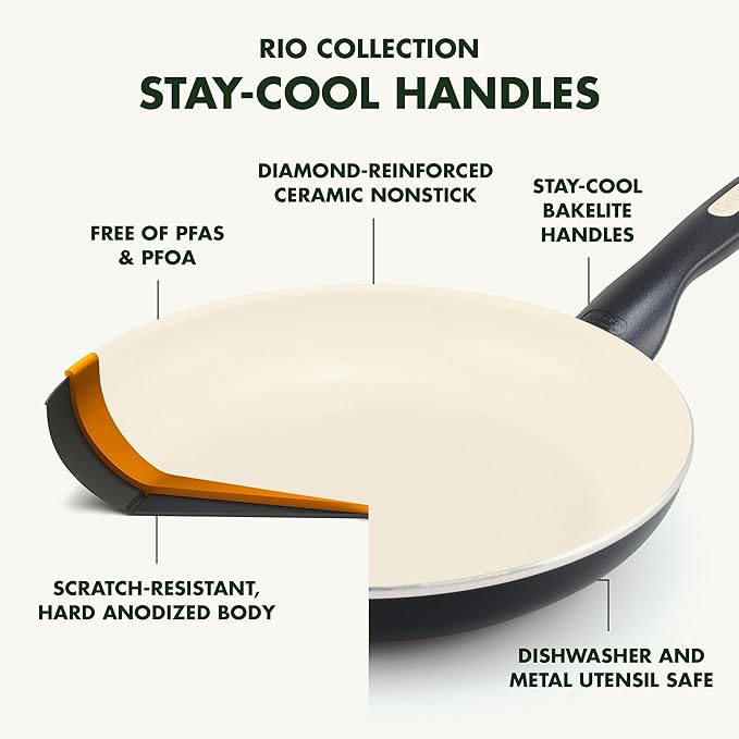 GreenPan Rio Healthy Ceramic Nonstick 8" Frying Pan Skillet and Silicone Spatula Set, Soft Grip Handle, Breaktfast Meal Set, PFAS-Free, Dishwasher Safe, Oven Safe, Black