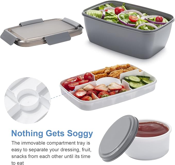 Freshmage Salad Lunch Container To Go, 68-oz Grey-XL, Leak-proof Lid, 4 Compartments, Sauce Container, Safe Material, Easy Carry