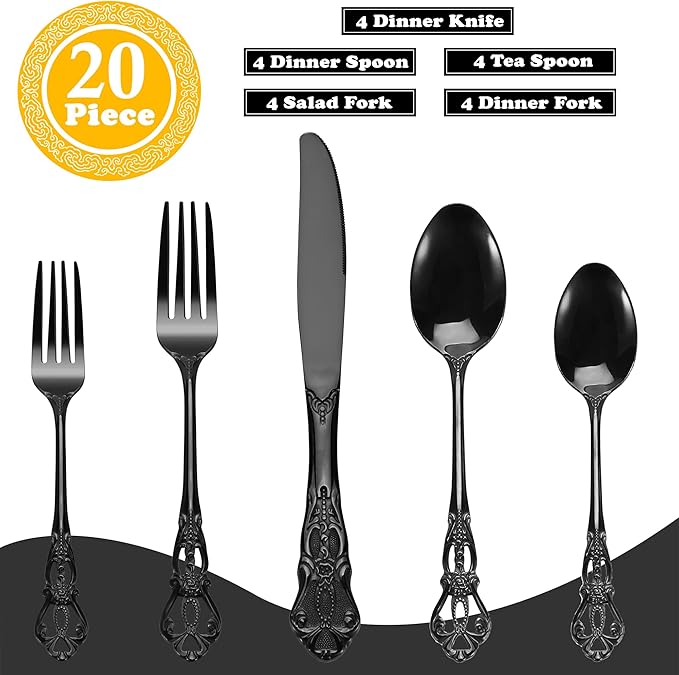 Runfly Gorgeous Retro Royal Black Stainless Steel 20 Pieces Flatware Set, Black Silverware Set, Anti-rust Stainless Steel dark Cutlery Set Utensils Including Fork Spoon and Knife