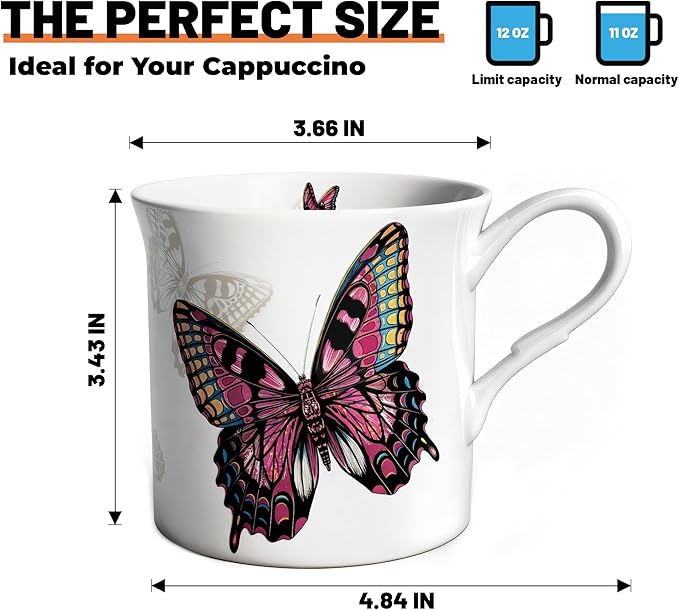 Ceramic Coffee Mugs Set of 4, 12 Oz Butterfly Pattern, Microwave and Dishwasher Safe, Comfortable Handles, Gifts for Women and Men, for Coffee, Tea, Latte, Cappuccino