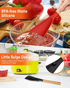 Cooking Spoon for Nonstick Cookwares, Great for Cooking and Serving Sturdy BPA-Free Matte Silicone, Wood Handle Spoon for Mixing, Scoop, and Scrape (Black & Red, 13.4 inch)