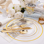 DaYammi 350PCS Clear Gold Plastic Dinnerware Set for 50 Guests Gold Plates Disposable Include: 50 Dinner Plates, 50 Dessert Plates,50 Pre Rolled Napkins with Gold Silverware,50 Cups for Party Wedding