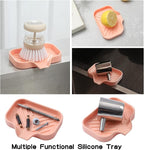MicoYang Silicone Bathroom Soap Dishes with Drain Spout-Bathroom and Kitchen Sink Organizer,Sponge Holder,Dish Soap Tray,Perfect for Dispenser,Scrubber,Bottle,Cup on Sink or Counter-Pink 4.9"×3.2"