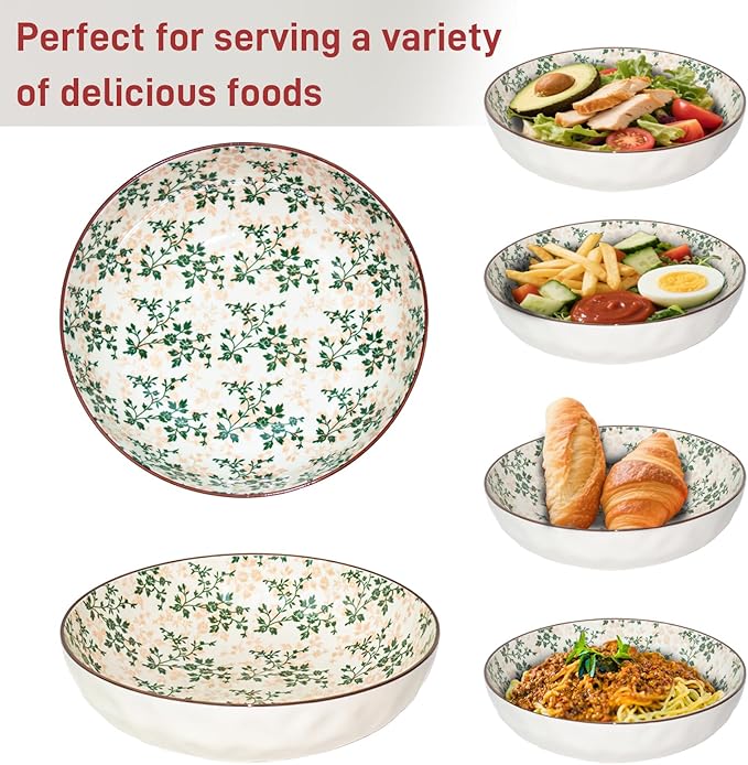 Large Serving Bowls, 78 Oz Extra Large Salad Bowl, Green Floral Pattern Design Decorative Bowls for Salad, Fruit, Pasta and Dinner, Serving Dishes for Party, Dishwasher & Microwave Safe