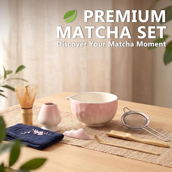 8 Pcs Matcha Whisk Set, Complete Ceramic Matcha Set Includes Bowl & Holder, Whisk, Scoop, Spoon, Tea Towel and Stainless Steel Sifter, Perfect Kit for Matcha Lovers (Pink)