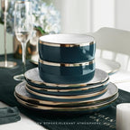 Pokini Porcelain Dinnerware Sets, 12 Piece Luxury China Plates and Bowls Sets, Green Dishes Set Gold Rim for Wedding Anniversary Birthday, Modern Dinner Plates Set