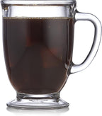 Libbey Kona Glass Coffee Mugs Set of 6, Elegant 16 Ounce Clear Tea Cup Set , Dishwasher Safe Glass Mugs with Handles for Tea, Coffee,and Espresso