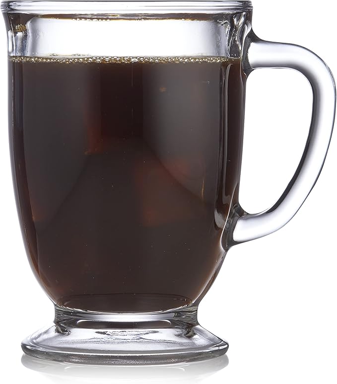 Libbey Kona Glass Coffee Mugs Set of 6, Elegant 16 Ounce Clear Tea Cup Set , Dishwasher Safe Glass Mugs with Handles for Tea, Coffee,and Espresso