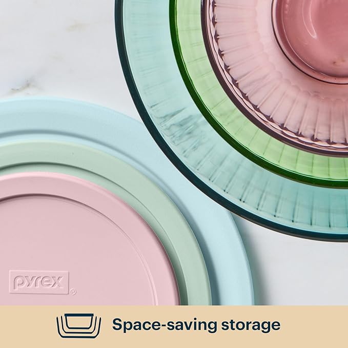 Pyrex Colors (3-Pack, Full Set) Sculpted Tinted Glass Mixing Bowls With Plastic Lids, Nesting Space Saving Set of Bowls For Prepping and Baking, 1.3QT, 2.3QT & 4.5Q, (Pink, Green, Aqua)