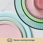 Pyrex Colors (3-Pack, Full Set) Sculpted Tinted Glass Mixing Bowls With Plastic Lids, Nesting Space Saving Set of Bowls For Prepping and Baking, 1.3QT, 2.3QT & 4.5Q, (Pink, Green, Aqua)